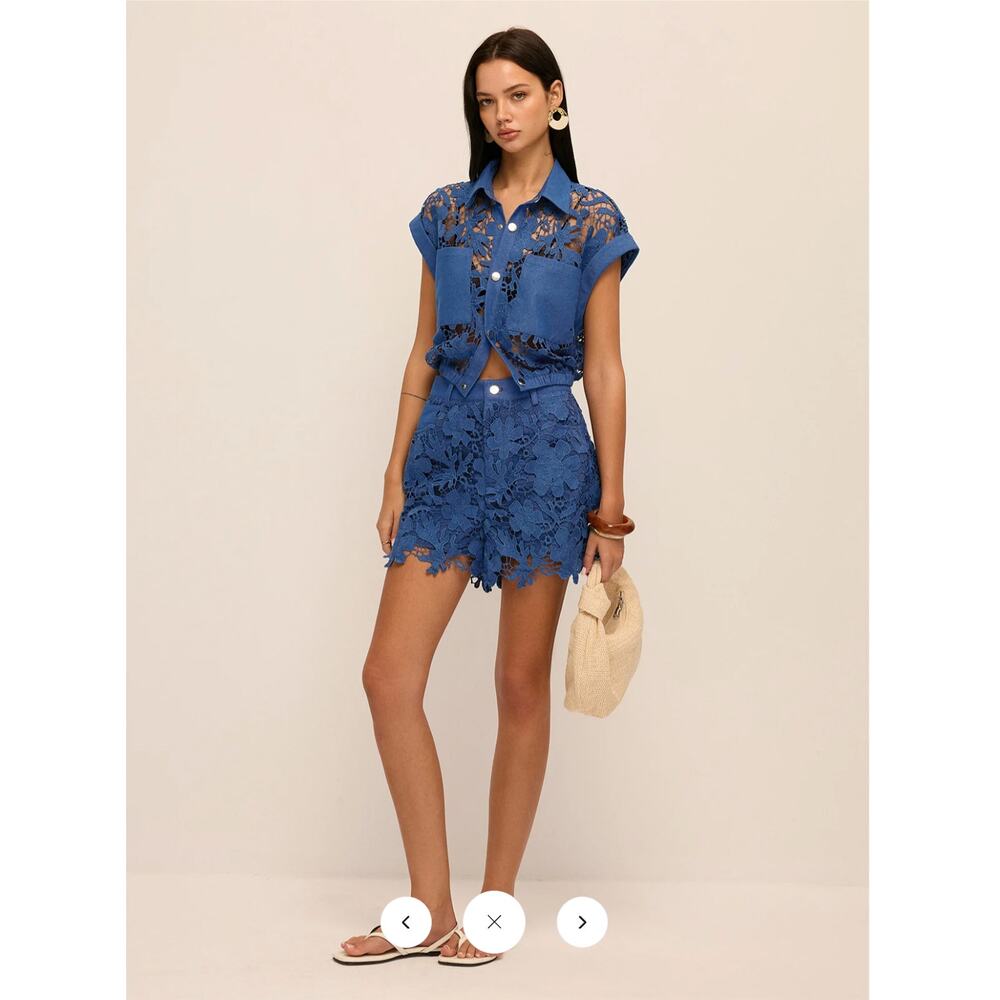 NWT Commense Guipure Lace Cropped Shirt & Shorts Set Sz M - Picture 5 of 6